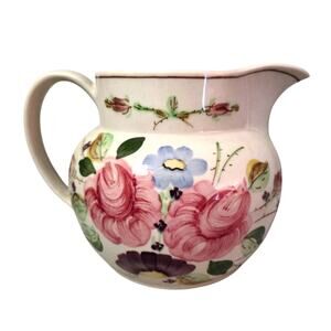 VTG Blue Ridge Southern Pottery Large Hand Painted Floral Pitcher USA Pink